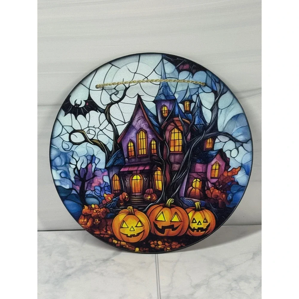 Chengy Co Halloween Haunted House Pumpkin Stained Glass Style Suncatcher 7.5